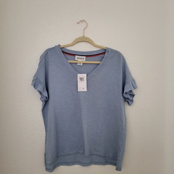 Women's For the Republic Blue V-neck Tee Shirt Ruffled Sleeves‎ - Picture 4 of 5